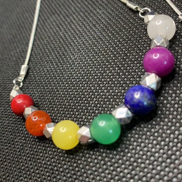 Handmade Chakra Semiprecious Stone Silver Plated Serpentine Chain Necklace 24” - Picture 3 of 4